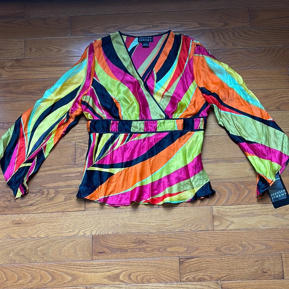 SPENSER JEREMY Silk Top NEW 70s Style Abstract yellow orange black V Neck Large